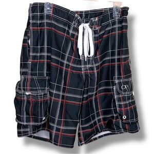 Medium OP Swim Board Trunks Shorts Black White Red Plaid Cargo Pockets